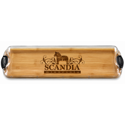 Personalized Scandia MN Bamboo Charcuterie And Serving Board With Clear Locking Cover 7x22 Inches Featuring Official Scandia Image And Scandinavian Heritage