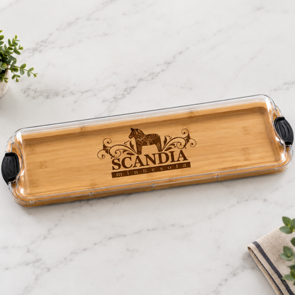 Personalized Scandia MN Bamboo Charcuterie And Serving Board With Clear Locking Cover 7x22 Inches Featuring Official Scandia Image And Scandinavian Heritage
