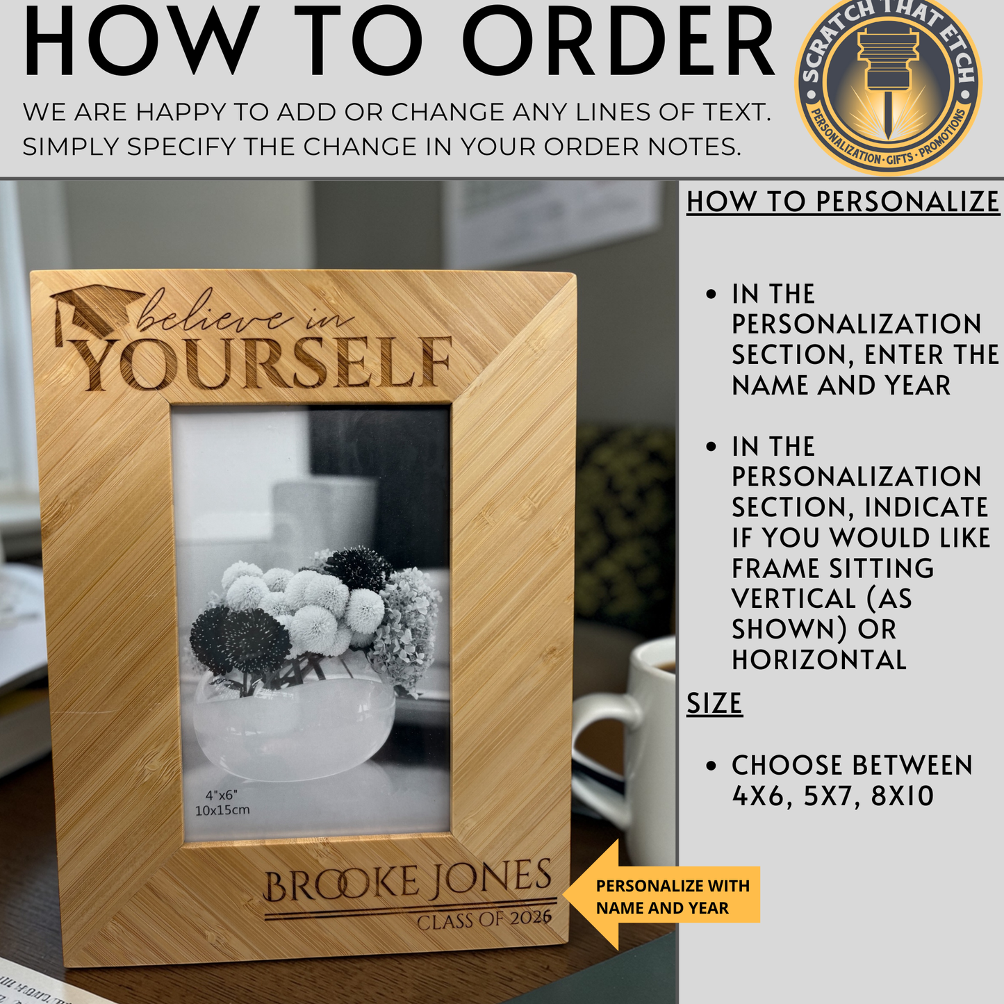 Personalized Graduation Picture Frame, Keepsake for High School or College Grads, Custom Name and Year "Believe In Yourself"