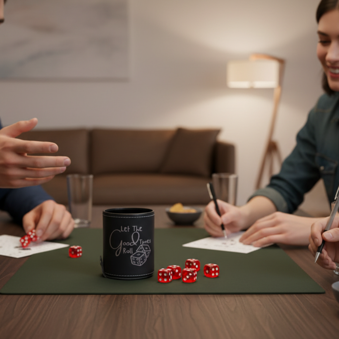 Personalized Leather Dice Cup With 5 Ruby Red Dice And Secure Snap Shut Storage For DND RPG And Game Night