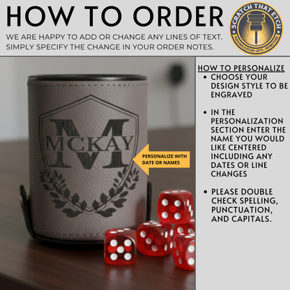 Personalized Leather Dice Cup With 5 Ruby Red Dice And Secure Snap Shut Storage For DND RPG And Game Night