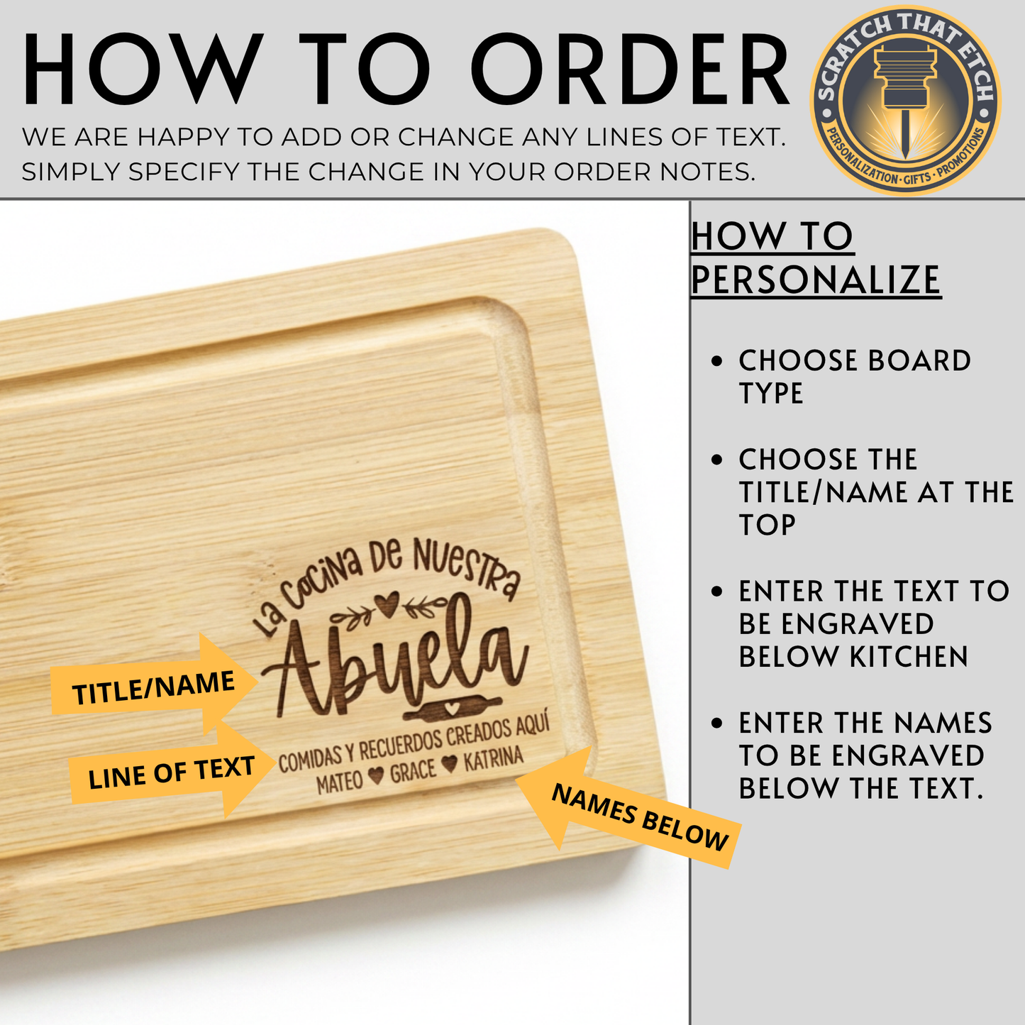Personalized La Cocina De Nuestra Cutting Board For Abuela Abuelita Tita Mama Keepsake for Mothers Day Kitchen Decor Spanish Serving Board