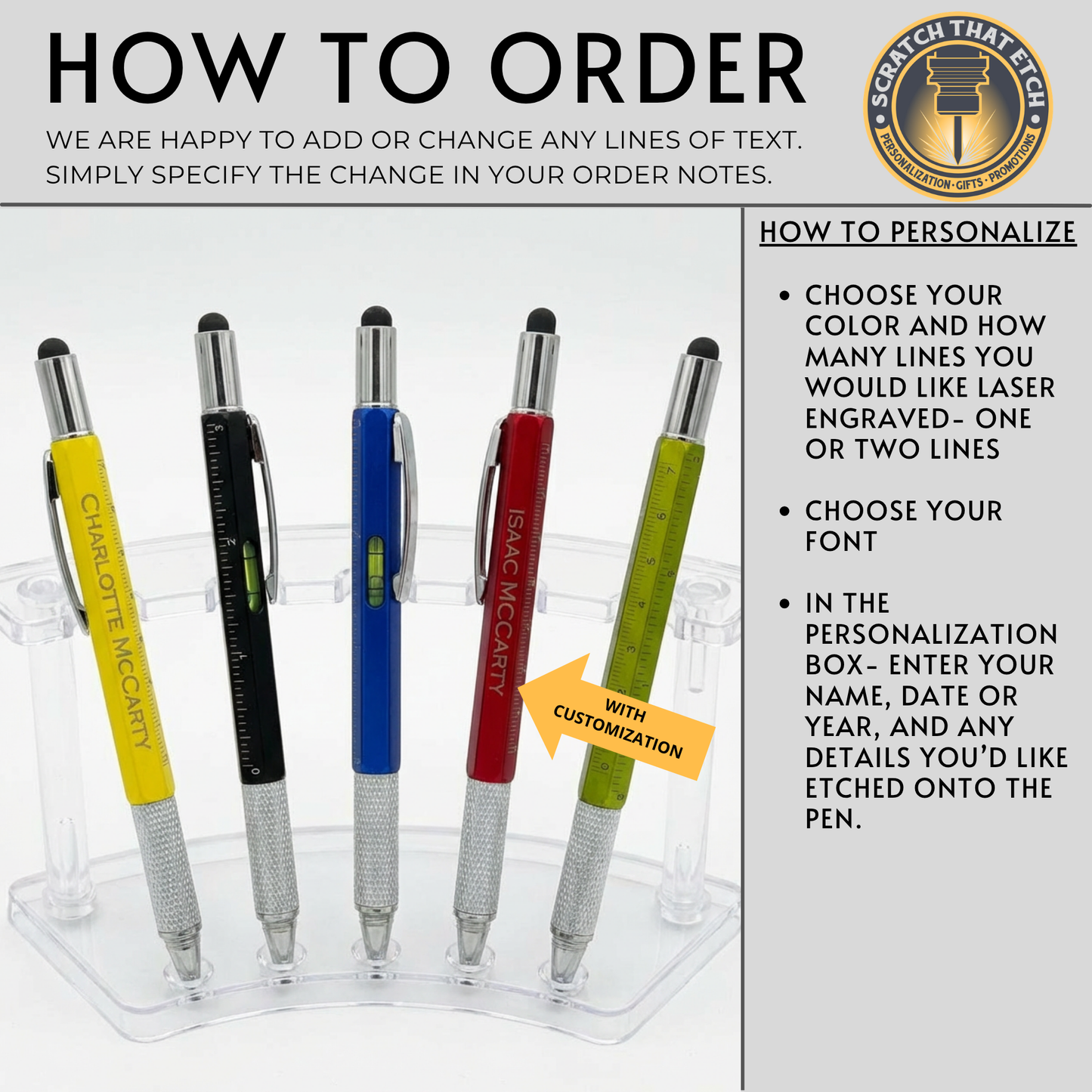 Personalized Metal Pen Engraved Multi Tool Pen With Stylus, Screwdriver, Rulers, & Level- Custom Gift for Men, Dad, Handyman, Handy-Ladies, Employees, Clients, Groomsmen