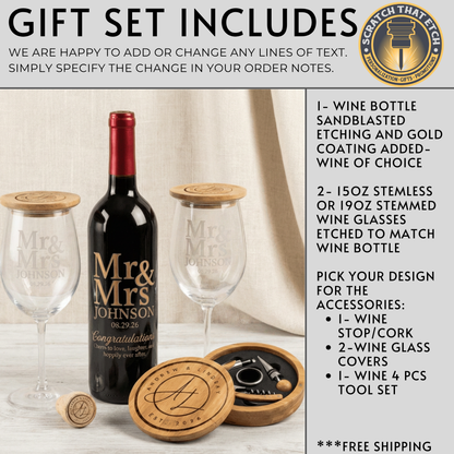 Luxury Personalized Wine Gift Set Custom Sandblasted Wine Bottle with Gold Inlay, Etched Glasses & Wine Accessories- Wedding, Anniversary, Special Memories Keepsake