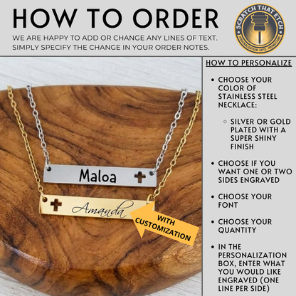 Personalized Cross Cutout Horizontal Bar Necklace In Silver Or Gold With Single Or Double Sided Personalization For Meaningful Faith Jewelry