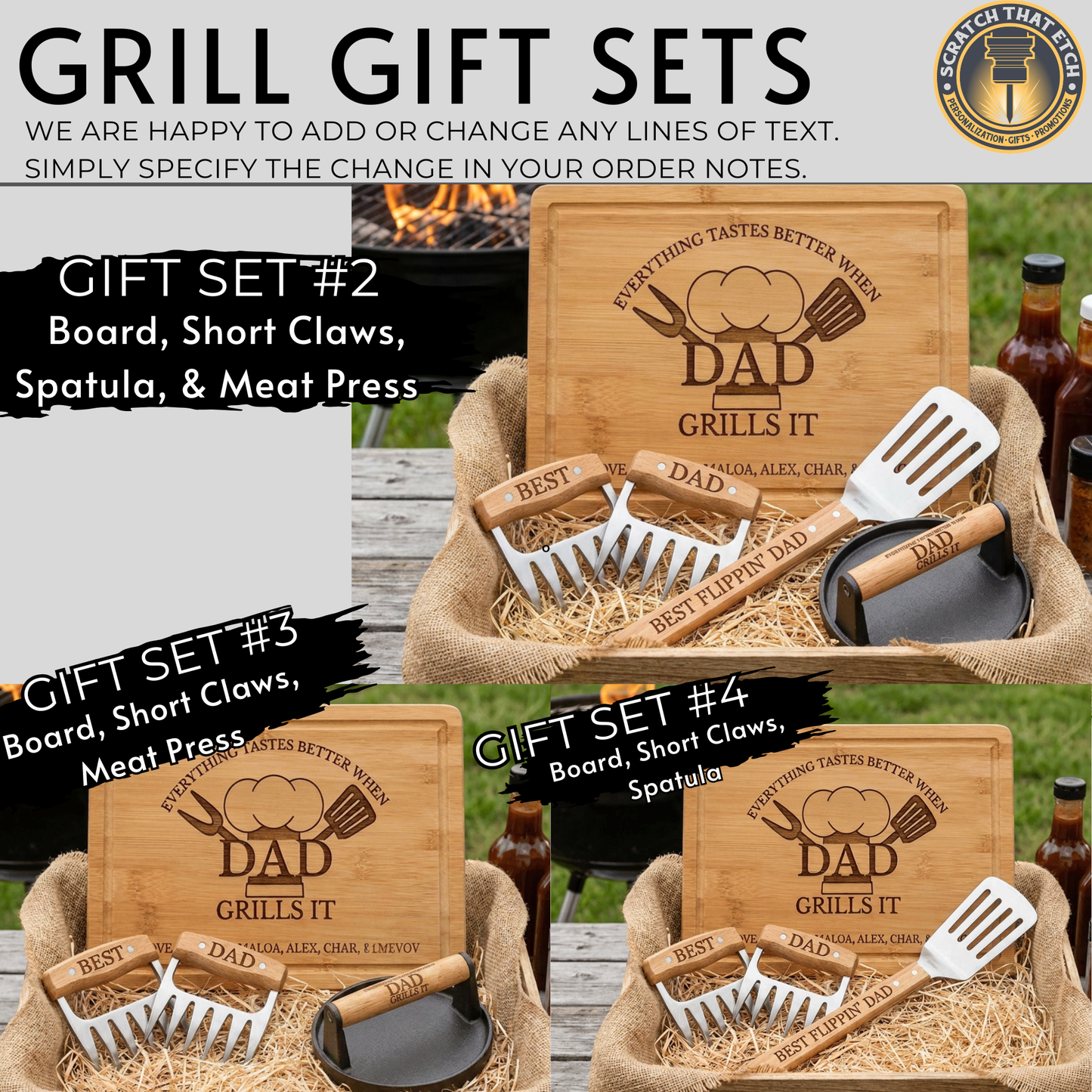 Personalized "Everything Tastes Better When" BBQ Gift Set For Dad Or Grandpa With Bamboo Cutting Board, Meat Claws, Spatula, And Cast Iron Meat Press- Choose Your Gift Set For The Perfect Gift