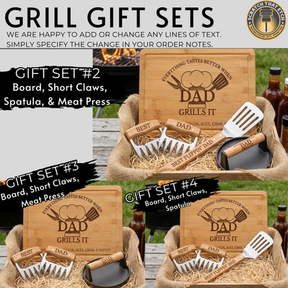 Personalized "Everything Tastes Better When" BBQ Gift Set For Dad Or Grandpa With Bamboo Cutting Board, Meat Claws, Spatula, And Cast Iron Meat Press- Choose Your Gift Set For The Perfect Gift