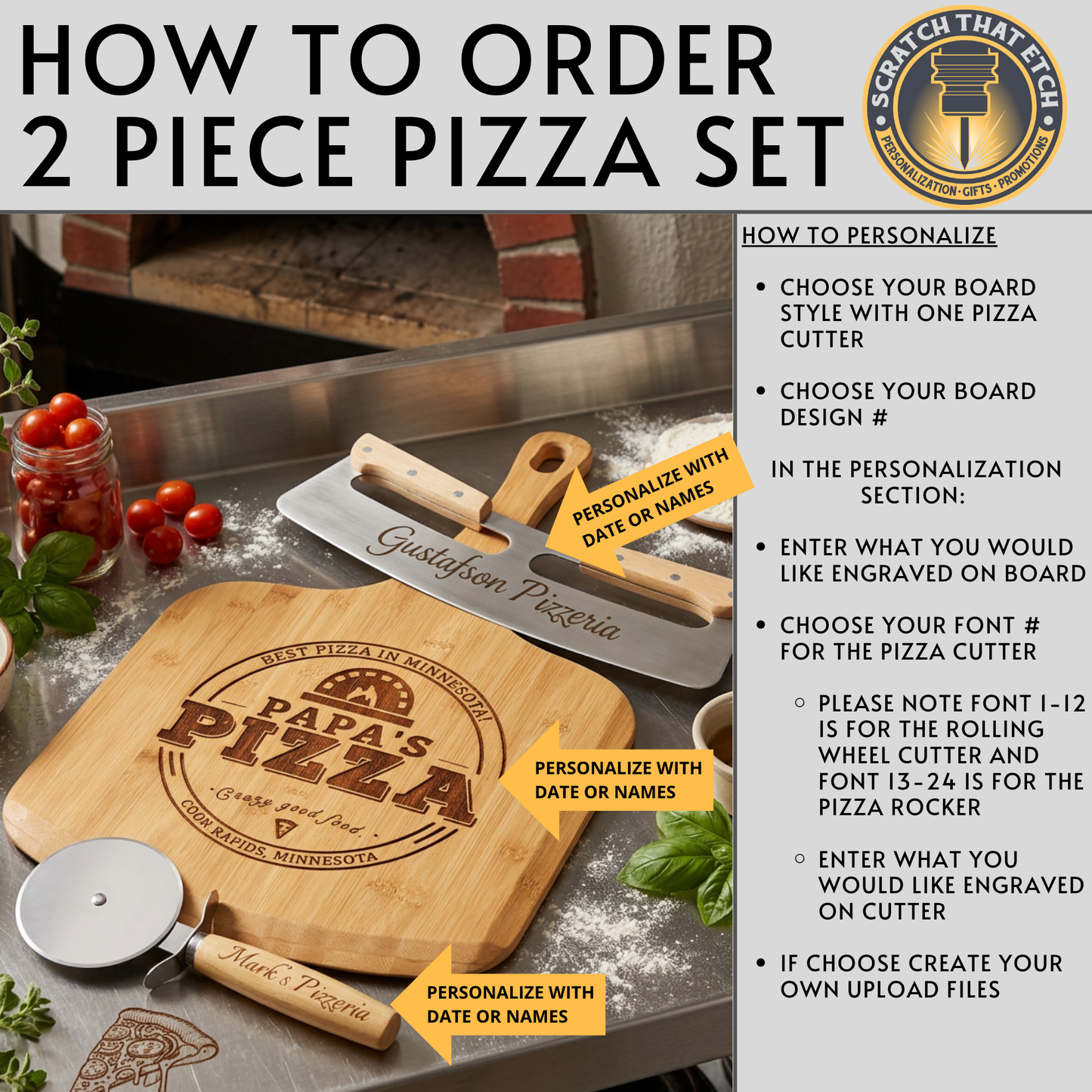 Personalized 2 Pcs Pizza Board With Cutter Set, Engraved Pizza Gift For Pizza Lovers- Choice Of 3 Boards & Two Blades- Custom Pizza Peel Set