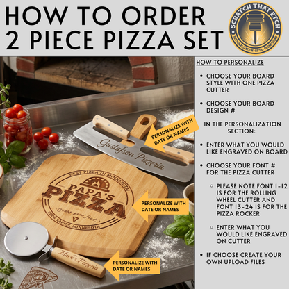 Personalized 2 Pcs Pizza Board With Cutter Set, Engraved Pizza Gift For Pizza Lovers- Choice Of 3 Boards & Two Blades- Custom Pizza Peel Set