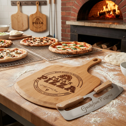 Personalized 2 Pcs Pizza Board With Cutter Set, Engraved Pizza Gift For Pizza Lovers- Choice Of 3 Boards & Two Blades- Custom Pizza Peel Set
