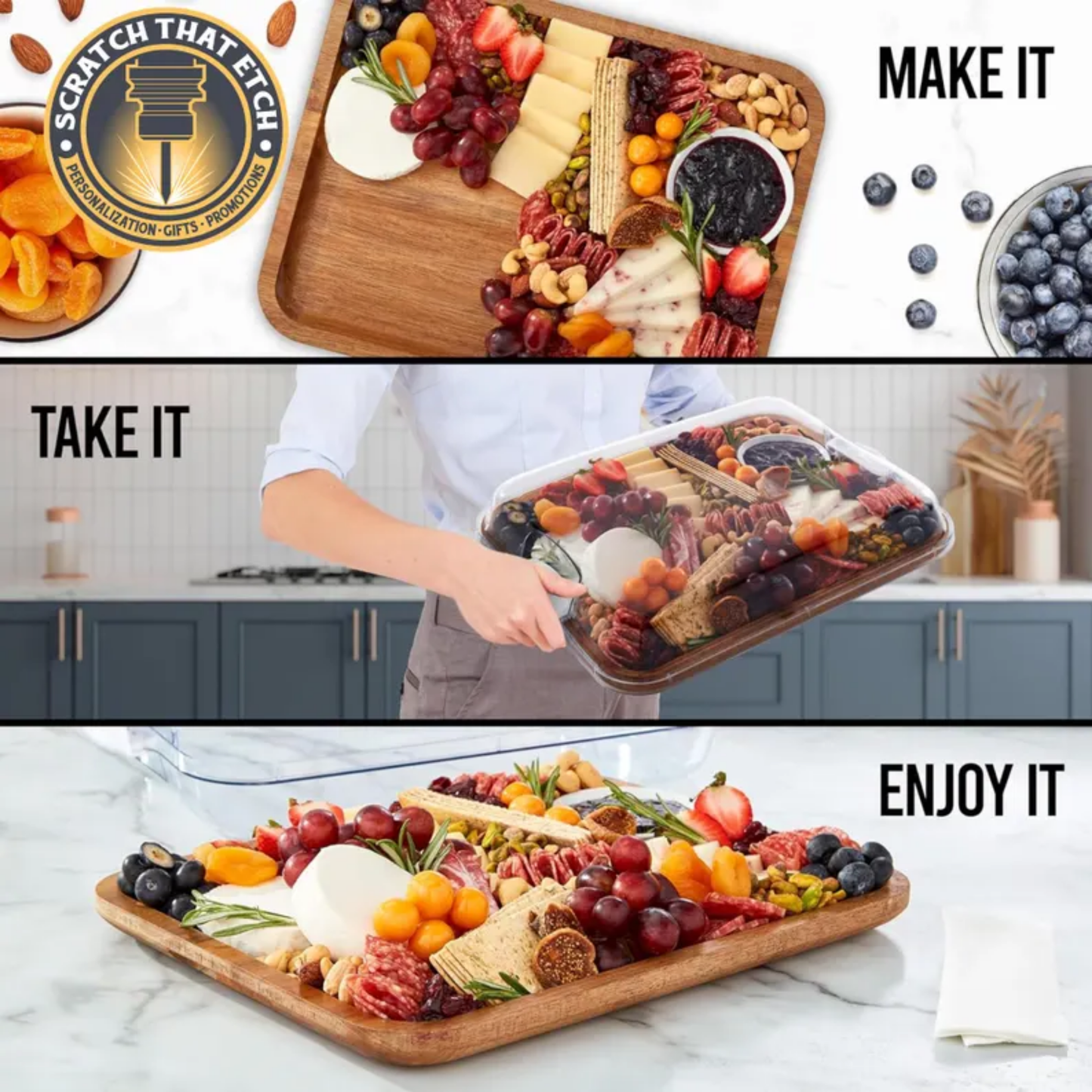Personalized Christmas Ribbon Tree |  Build-a-Board Cutting Board with Compartments and Clear Locking Lid for Charcuterie, Snacks