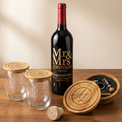 Luxury Personalized Wine Gift Set Custom Sandblasted Wine Bottle with Gold Inlay, Etched Glasses & Wine Accessories- Wedding, Anniversary, Special Memories Keepsake
