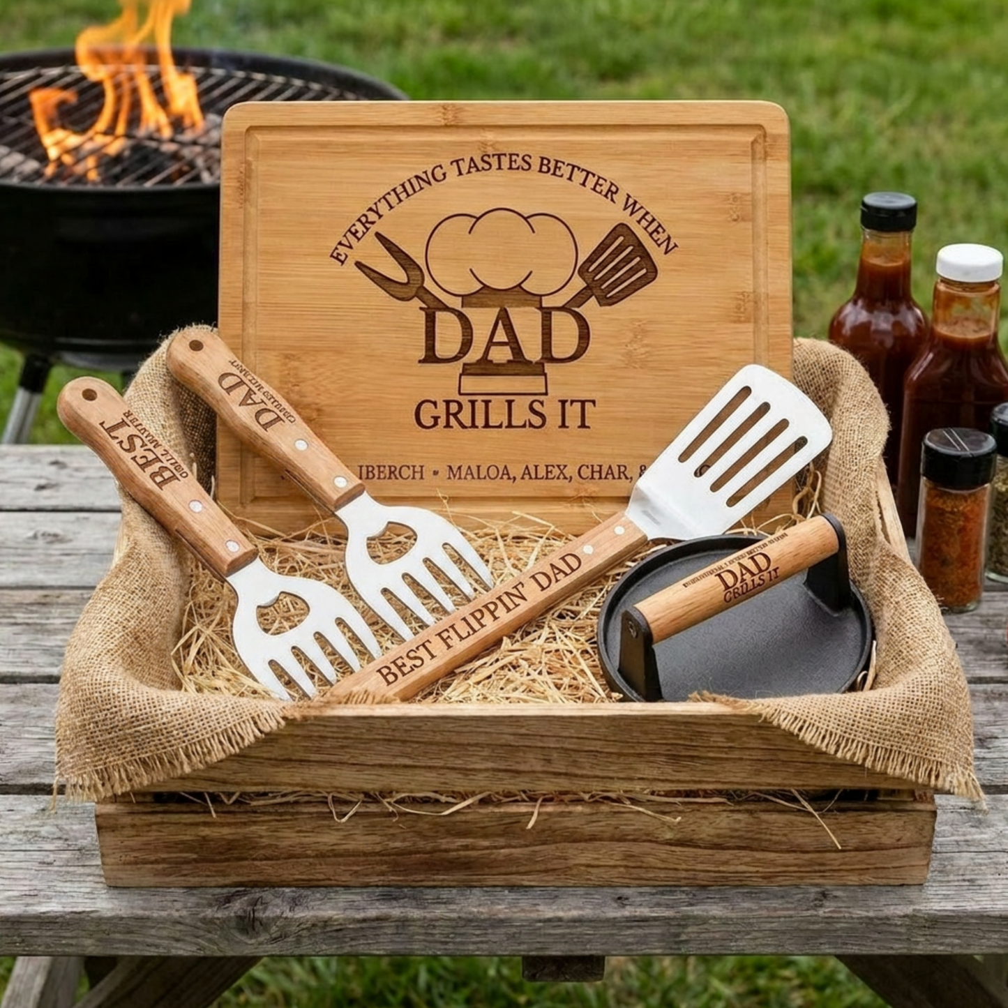 Personalized "Everything Tastes Better When" BBQ Gift Set For Dad Or Grandpa With Bamboo Cutting Board, Meat Claws, Spatula, And Cast Iron Meat Press- Choose Your Gift Set For The Perfect Gift
