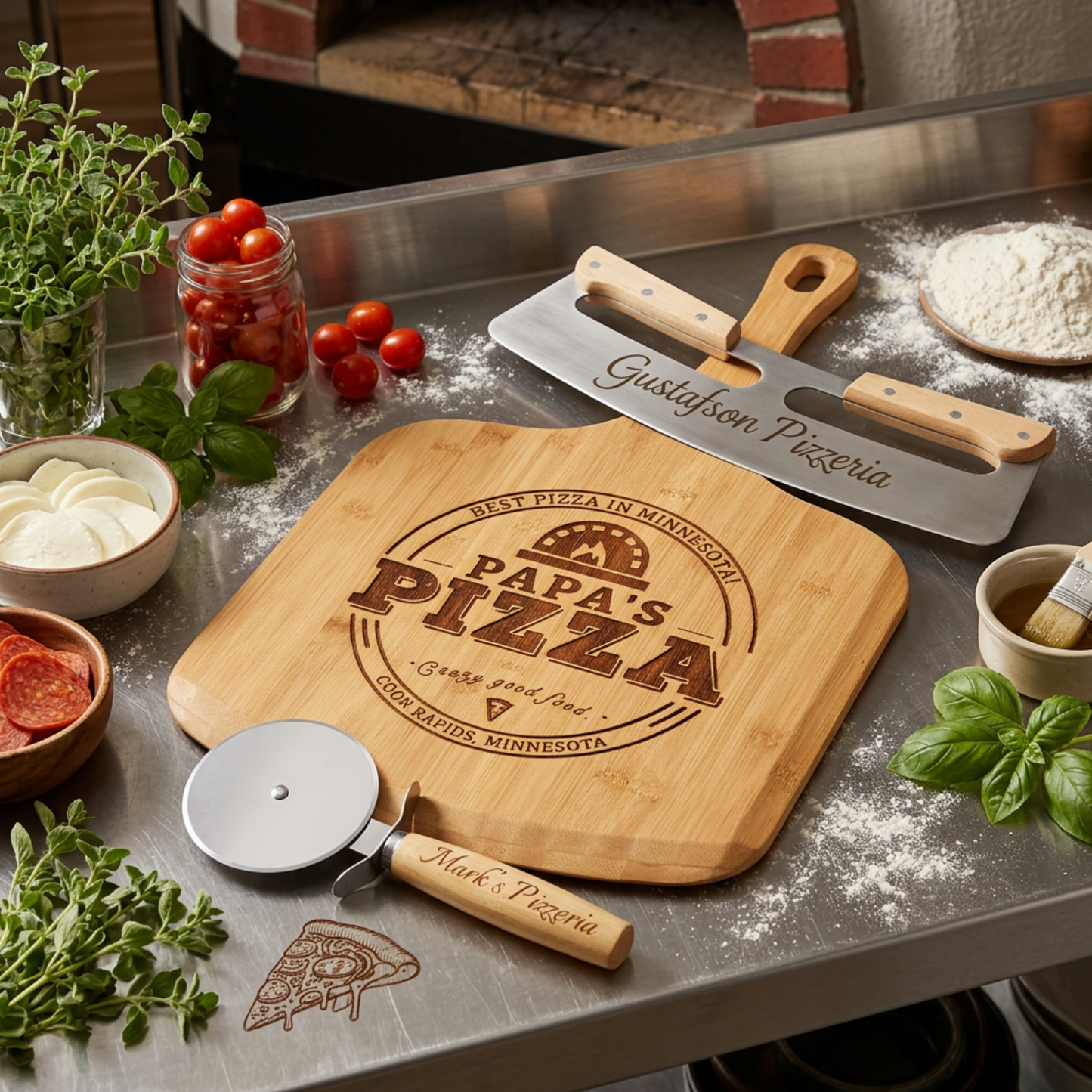 Personalized 2 Pcs Pizza Board With Cutter Set, Engraved Pizza Gift For Pizza Lovers- Choice Of 3 Boards & Two Blades- Custom Pizza Peel Set