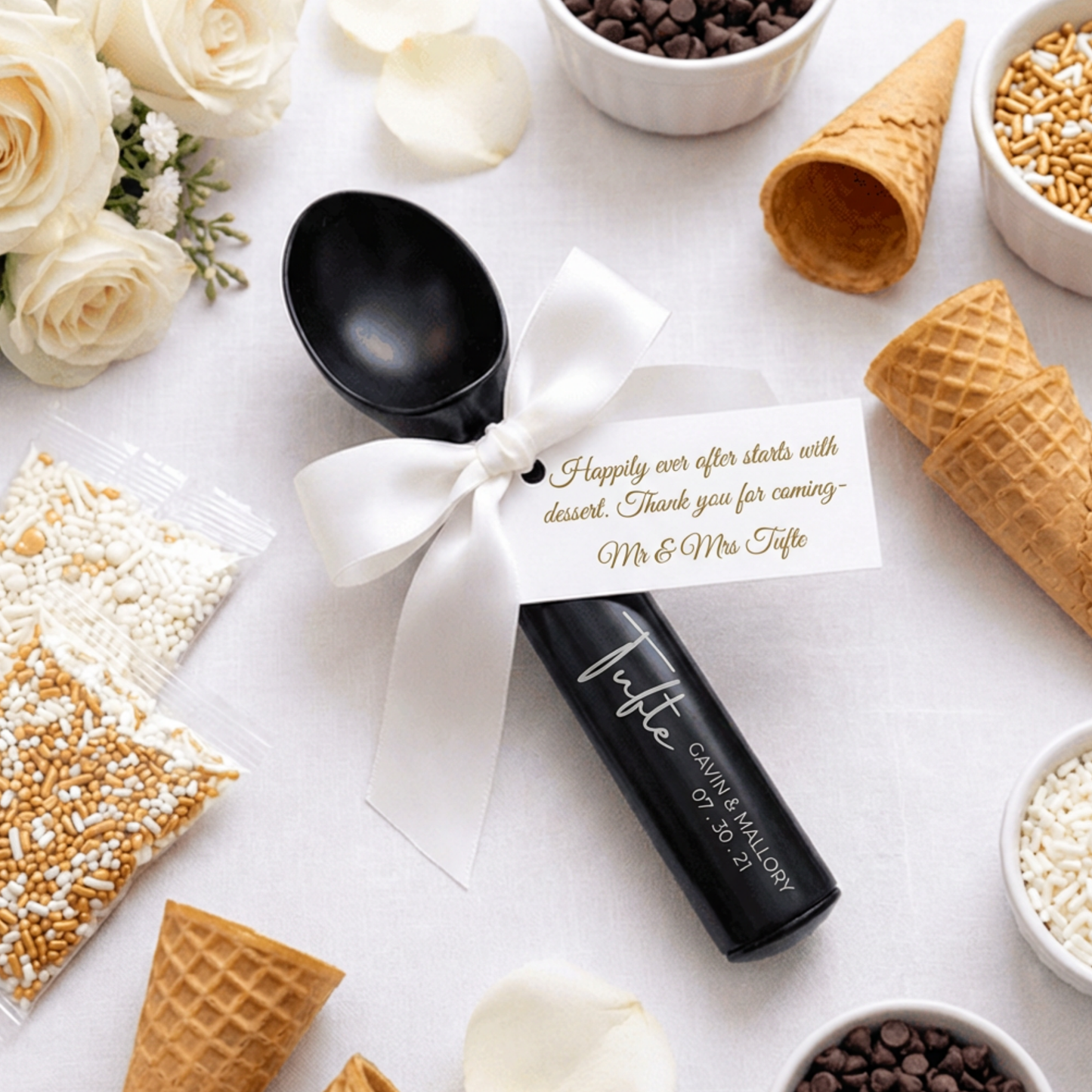 Personalized Aluminum Ice Cream Scoop In Black Or Silver For Bulk Wedding Favors And Save The Date, Up To 30 Characters On Handle
