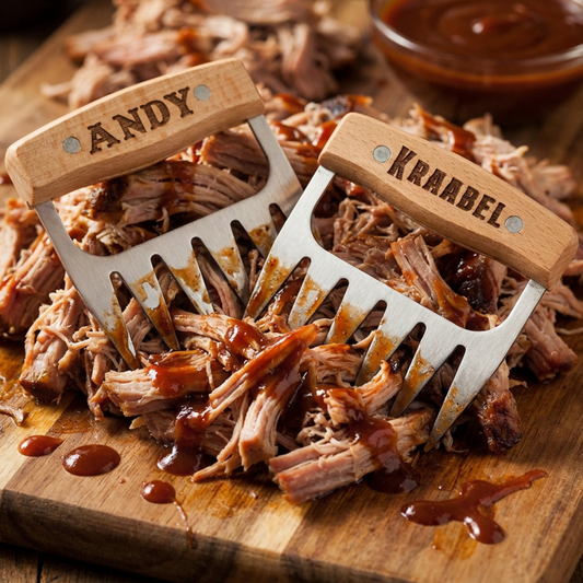 Personalized Stainless Steel BBQ Meat Shredder Claws With Short Natural Wood Handles Name Or Logo On One Or Both Claws