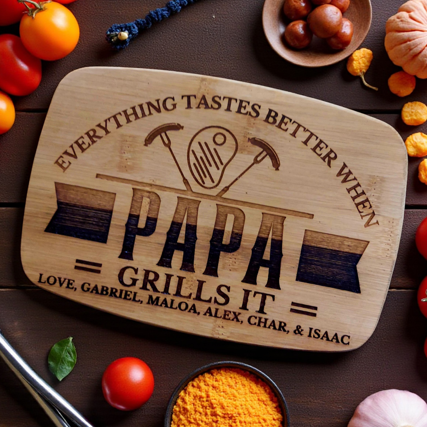 Personalized Papa Grills It Cutting Board In Bamboo Or Acacia Wood, BBQ, Charcuterie, Serving/Chopping Board For Grandpa, Father’s Day, Birthday, Christmas, Any Occasion, Durable Juice Groove Option, One Of A Kind Keepsake For your Grill Master