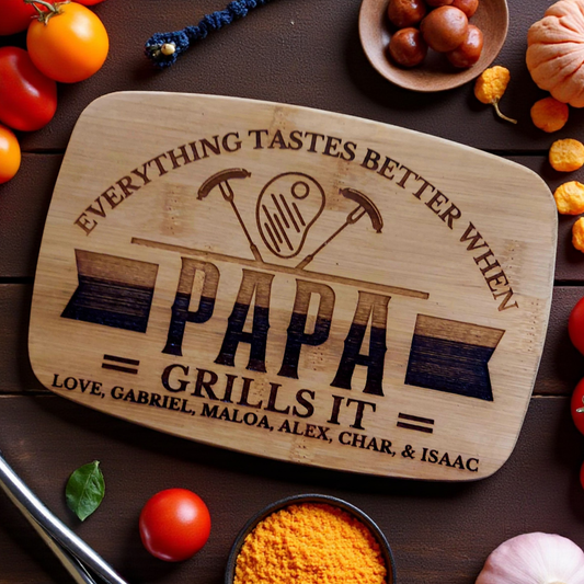 Personalized Papa Grills It Cutting Board In Bamboo Or Acacia Wood, BBQ, Charcuterie, Serving/Chopping Board For Grandpa, Father’s Day, Birthday, Christmas, Any Occasion, Durable Juice Groove Option, One Of A Kind Keepsake For your Grill Master