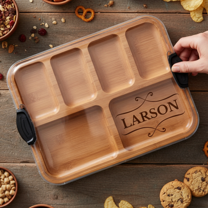 Personalized charcuterie serving build-a-board with secure locking clear plastic lid for easy transport and mess free entertaining