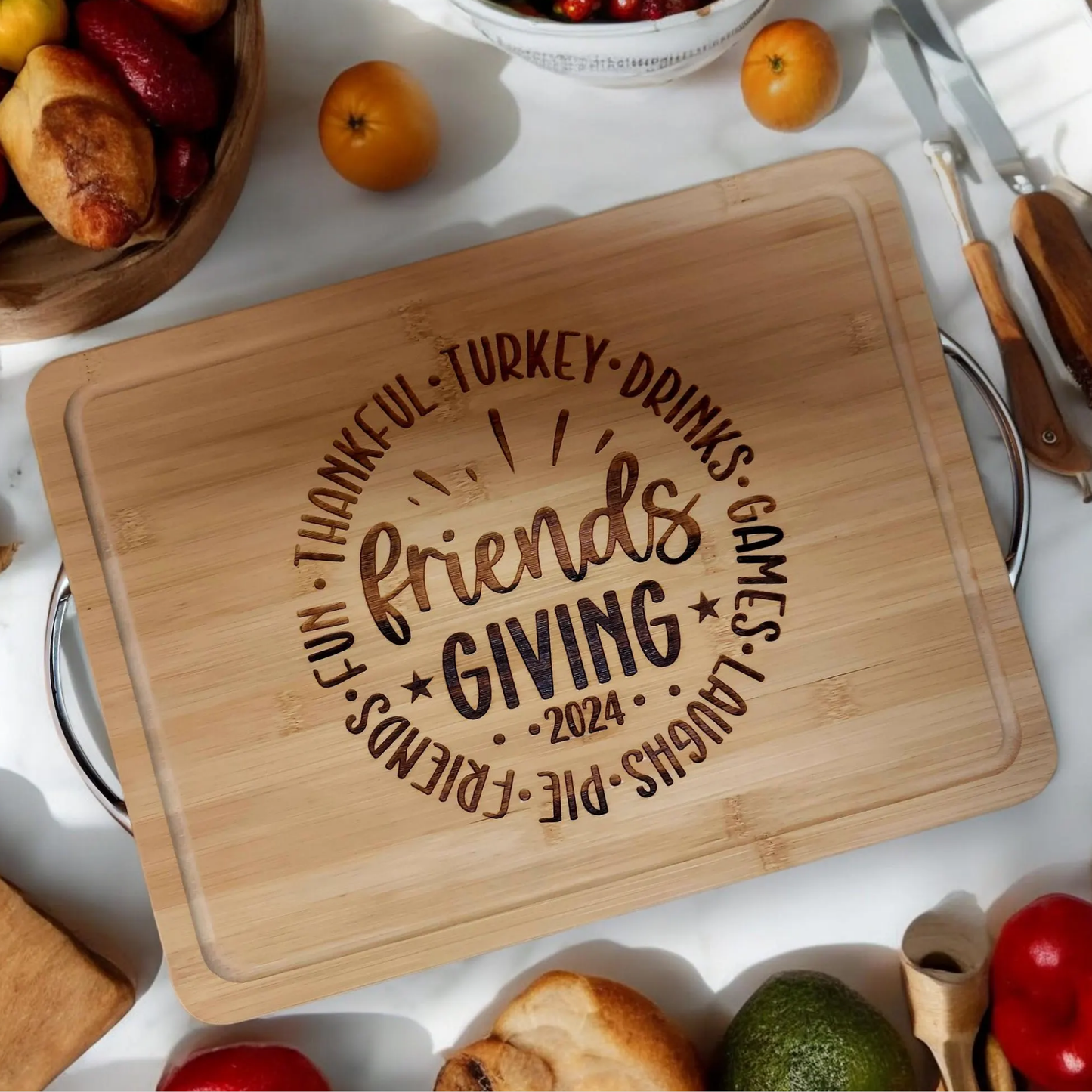 Personalized Friendsgiving Thanksgiving Cutting Board And Charcuterie Serving Board With Family Name For Fall Kitchen Decor And Hosting