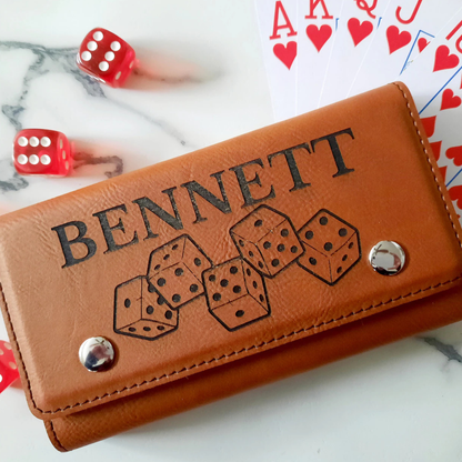 Personalized Leather Card And Dice Set With 2 Decks And 5 Ruby Red Dice For Travel Friendly Poker And Tabletop Play