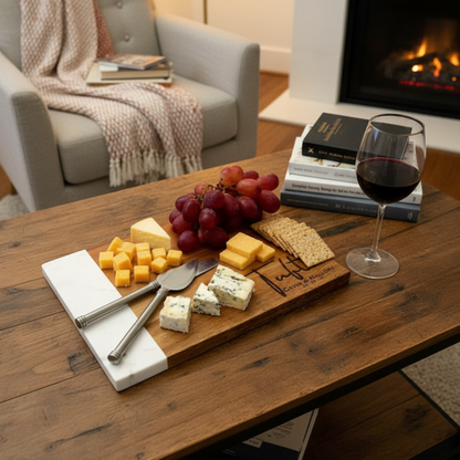 Personalized marble and acacia cutting board by Scratch That Etch for charcuterie serving and kitchen decor