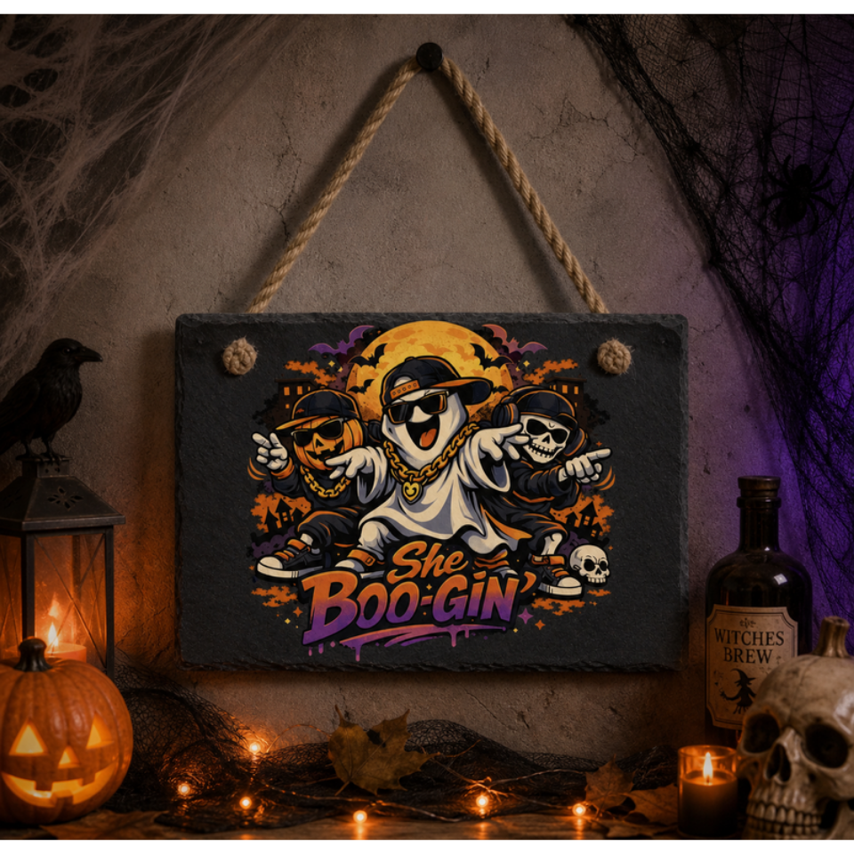 She Boo-Gin Halloween Slate Sign Rectangle Or Round With Ghost Pumpkin Or Skeleton Meme Art Hip Hop Vibes Trendy Home Decor Gift