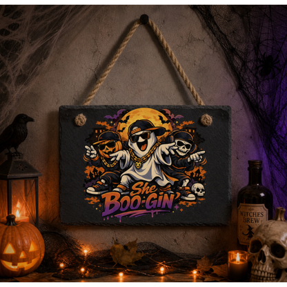 She Boo-Gin Halloween Slate Sign Rectangle Or Round With Ghost Pumpkin Or Skeleton Meme Art Hip Hop Vibes Trendy Home Decor Gift