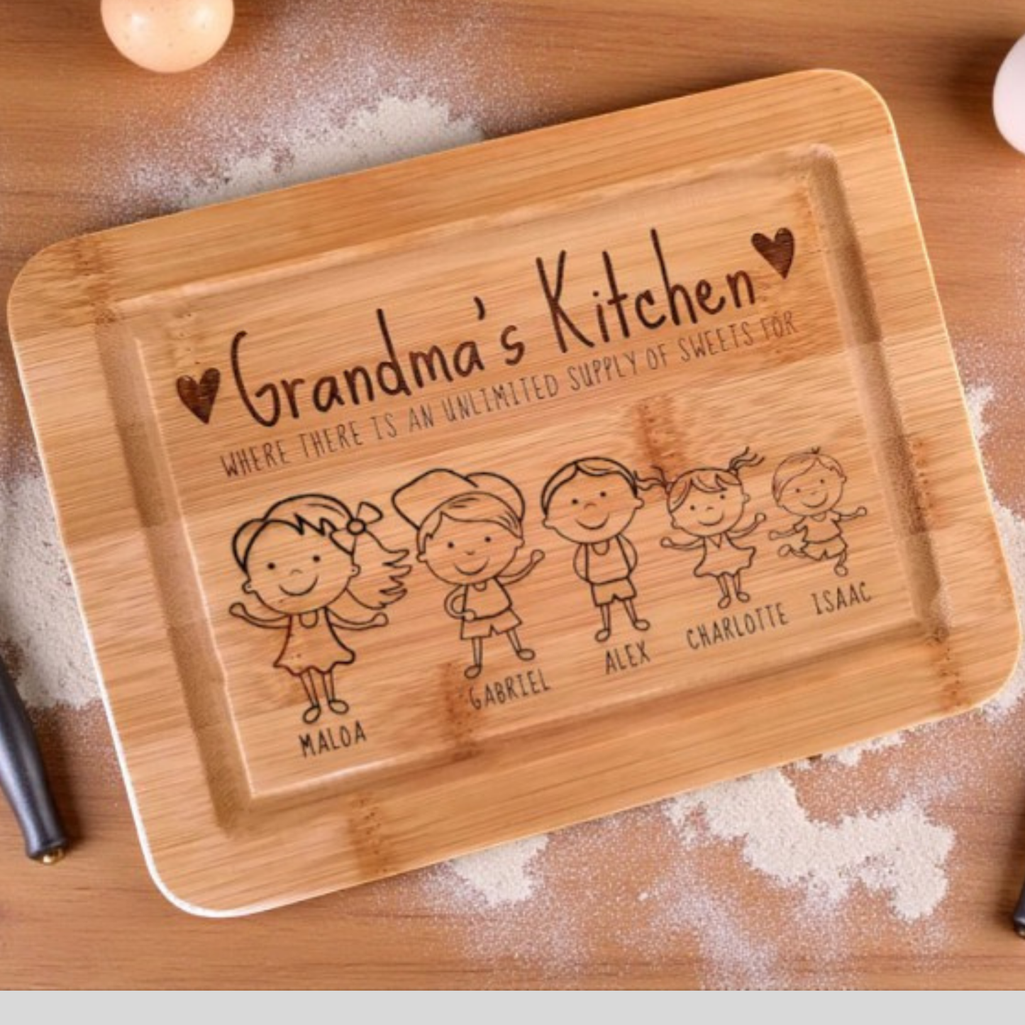 Grandma's Kitchen Personalized Cutting Board In Bamboo Or Acacia — Customizable with Grandkids And Heartfelt Message; Durable Serving Board For Mother's Day, Birthday, Or Christmas — One-Of-A-Kind Keepsake That Celebrates Grandma And Elevates Her Kitchen