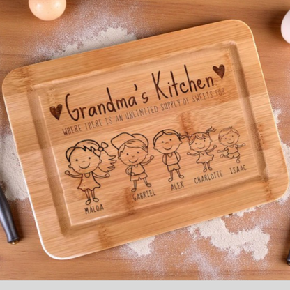Grandma's Kitchen Personalized Cutting Board In Bamboo Or Acacia — Customizable with Grandkids And Heartfelt Message; Durable Serving Board For Mother's Day, Birthday, Or Christmas — One-Of-A-Kind Keepsake That Celebrates Grandma And Elevates Her Kitchen