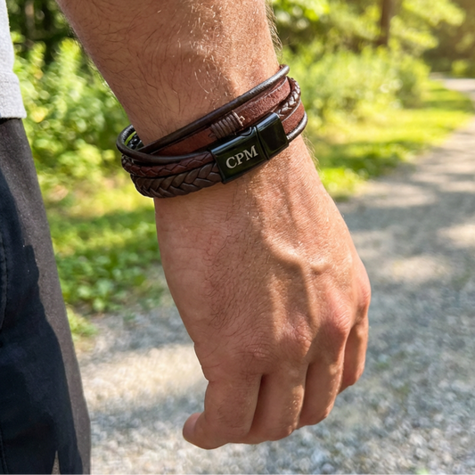 Personalized 5 Strand Bracelet With Magnetic Closure In Black Or Brown, Add Monogram Initials On Clasp, Multi Strand Jewelry For Him Or Her