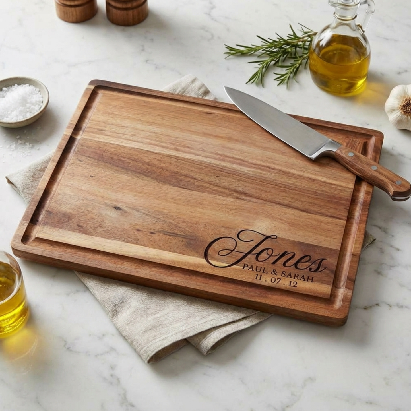 Personalized Bamboo Or Acacia Chopping Block Cutting Board, Thick Sturdy And Solid Charcuterie And Serving Board In Medium Or Large, Family Name Kitchen Decor