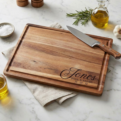 Personalized Bamboo Or Acacia Chopping Block Cutting Board, Thick Sturdy And Solid Charcuterie And Serving Board In Medium Or Large, Family Name Kitchen Decor