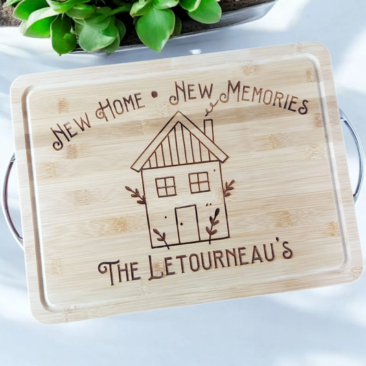 New Home Memories Personalized Cutting Board In Bamboo Or Acacia — Housewarming And Realtor Closing Gift — Family Name And Established Date Kitchen Keepsake