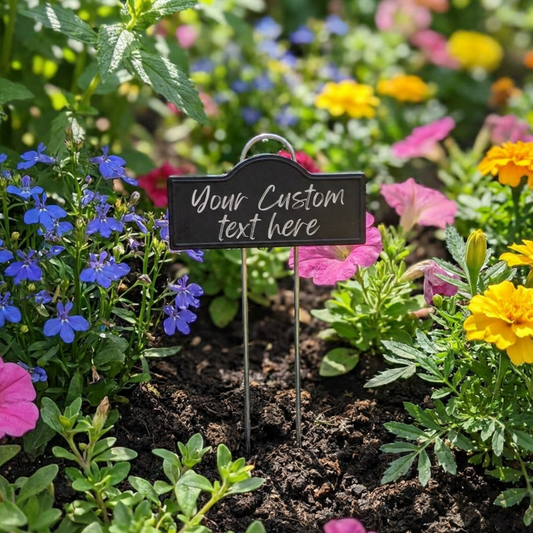Personalized Mini Black Metal Garden Sign With Yard Stake, 1.39" x 3.74" Permanent Etching, Weather Resistant Garden Labels Indoor/Outdoor