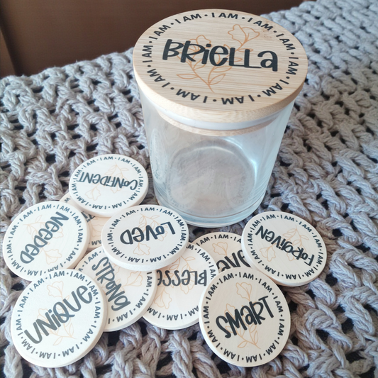Personalized Affirmation Tokens Set With Optional Glass Jar And Flower Lid, Choose Light Pink Light Purple Light Green Light Blue Or Light Brown, Create Your Own Messages