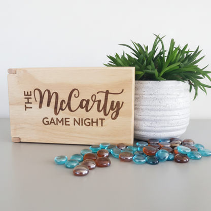 Personalized folding wood mancala game set with blue and brown sowing stones, travel ready board, family game night keepsake by Scratch That Etch