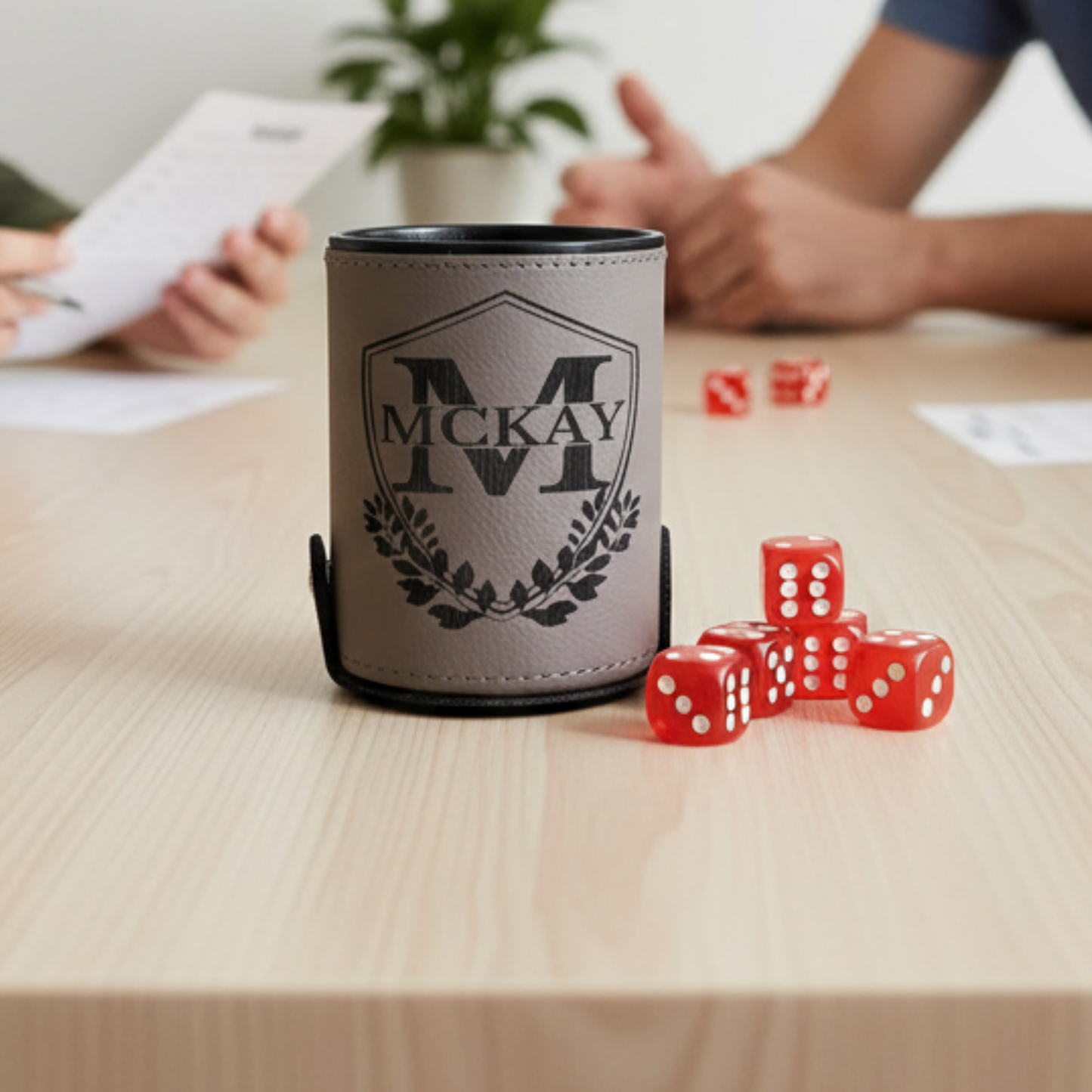 Personalized Leather Dice Cup With 5 Ruby Red Dice And Secure Snap Shut Storage For DND RPG And Game Night