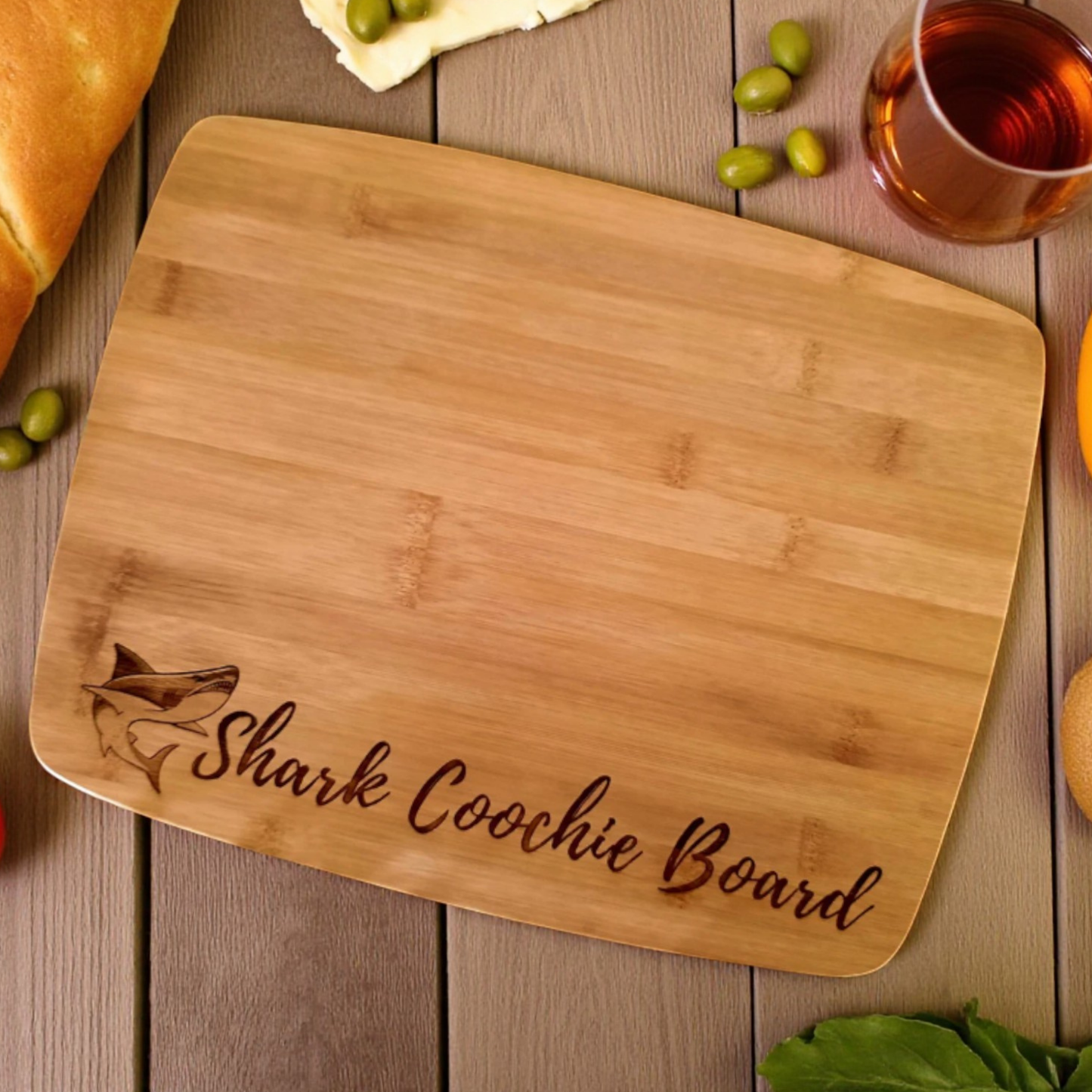 Personalized Sharkcoochie Charcuterie Cutting Board Shark Themed Serving Board In Bamboo Or Acacia For Kitchen Decor And Parties