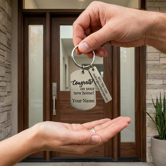 Premium metal REALTOR marketing keychain with personalized double sided rectangle tags for elevated branding with QR code & 12 Design Options