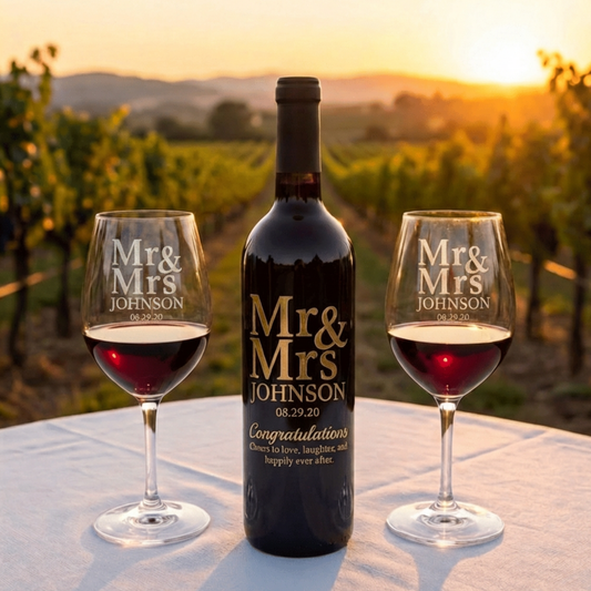 Personalized Sandblasted Wine Bottle Etching With Optional Two 15OZ Stemless Or Two 19OZ Stemmed Glasses For Anniversaries Weddings And Special Memories