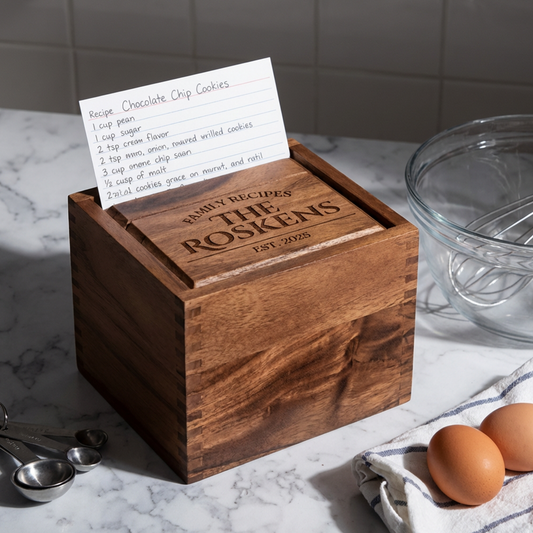 Personalized Acacia Wood Heirloom Recipe Box For 4x6 Or 3x5 Cards, Family Name Keepsake Kitchen Decor And Recipe Storage Organizer