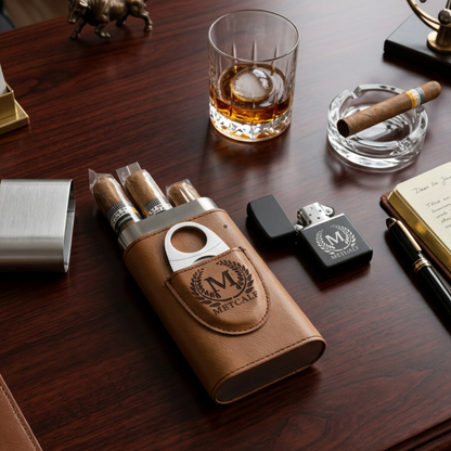 Personalized Cigar Case and Lighter Set for Groom, Groomsmen Gift, Wedding Cigar Station, Holds 3 Cigars, Father of Bride Gift
