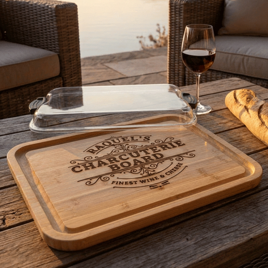 Personalized Bamboo Charcuterie Board With Secure Locking Lid And Handles, One Compartment Build A Board For Easy Transportation And Fresh Serving