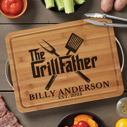 The GrillFather Personalized Cutting Board In Bamboo Or Acacia — BBQ Lovers’ Serving Board For Dads, Father’s Day, And Housewarmings — Bold Parody Design That Elevates Grilling And Charcuterie