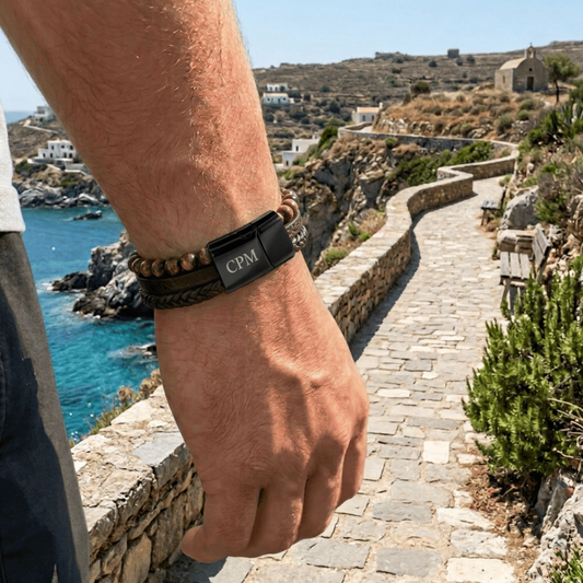Personalized Three Strand Leather Bracelet With Cross- Engrave On The Magnetic Closure | Black Or Brown, Add Initials, Date, Or Coordinates