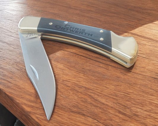 Buck 110 Folding Hunter Knife Personalized — 420HC Steel Clip Point, Ebony Handle And Brass Bolsters — Multiple Font Options For Names Or Initials