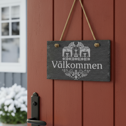 Personalized Scandinavian Valkommen Hanging Slate Sign With Multiple Size Options, Rustic Indoor Outdoor Entryway Plaque With Jute Rope, Weather Resistant Porch Decor