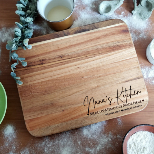 Meals And Memories Made Here - cutting board in bamboo or acacia, personalized charcuterie and serving board for kitchen decor, wedding or housewarming; add your family name and date for a lasting keepsake that is ready for everyday use