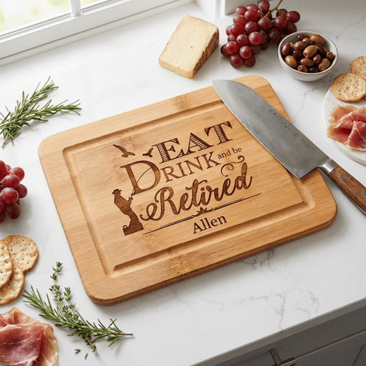 Personalized Eat Drink And Be Retired Cutting Board In Bamboo Or Acacia A Timeless Retirement Keepsake For Kitchen Decor Or Serving Tray